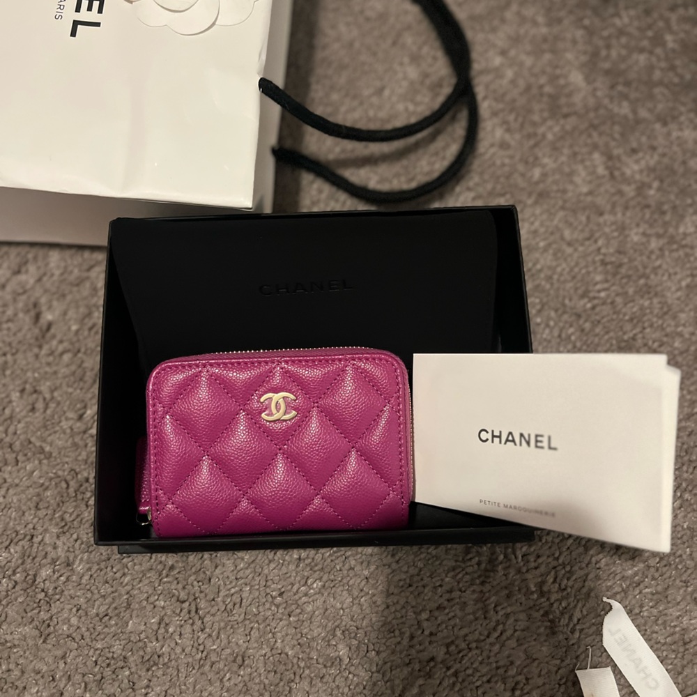 Chanel Magenta Quilted Zip Coin Purse with Iconic Double-C Logo